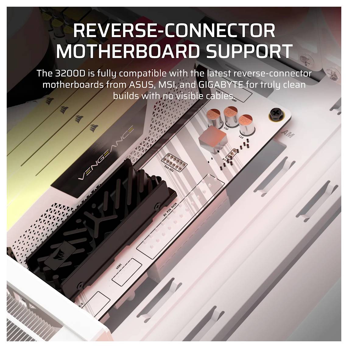 Werbegrafik einer PC-Hauptplatine und eines Kühlers mit dem Text „REVERSE-CONNECTOR MOTHERBOARD SUPPORT