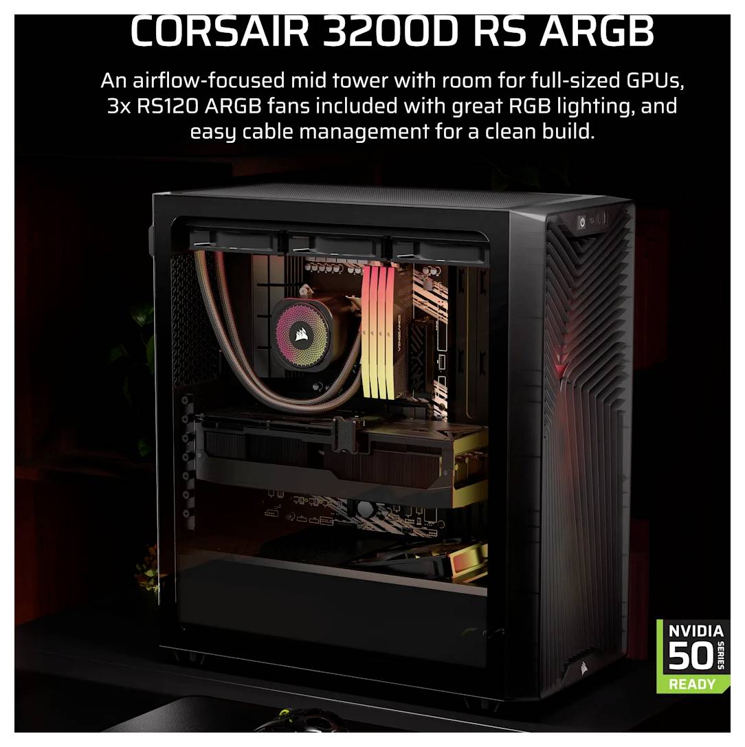 Corsair 3200D RS ARGB PC-Gehäuse mit RGB-beleuchteten internen Komponenten; Text hebt luftstromfokussiertes Mid-Tower-Gehäuse, Platz für vollformatige GPUs und 3 enthaltene RS120 ARGB-Lüfter hervor.