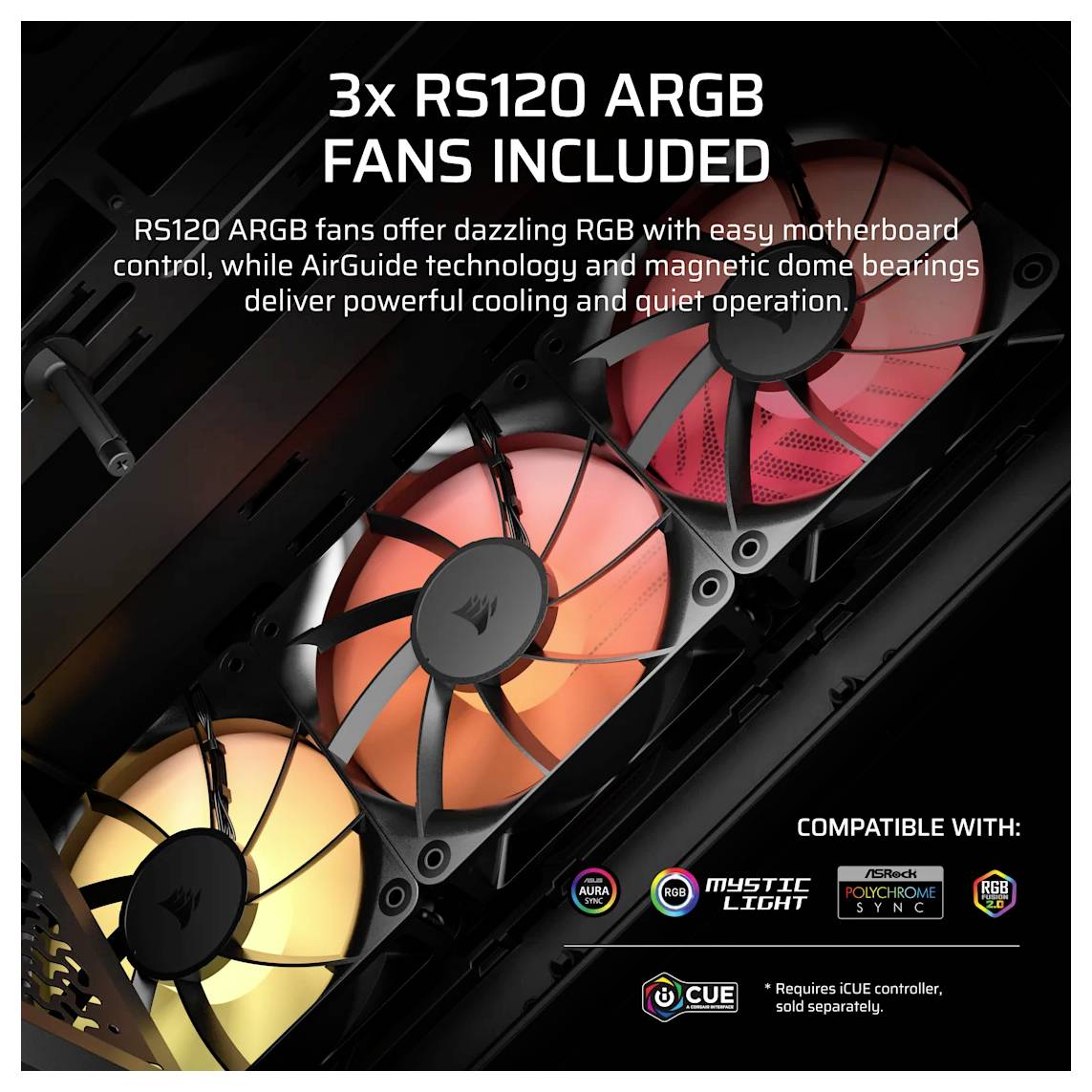Produktpromo zeigt ein PC-Gehäuse mit 3 integrierten RS120 ARGB-Lüftern; der Text hebt die RGB-Steuerung, die AirGuide-Technologie, magnetische Kugellager und leise Kühlung hervor.