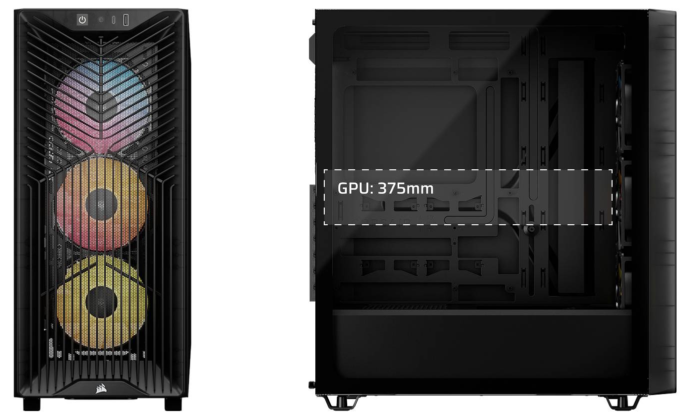 Zwei Ansichten eines schwarzen PC-Gehäuses mit drei RGB-Lüftern an der Front und einem seitlichen Schnittausschnitt, der die GPU-Freigabe mit der Beschriftung „GPU: 375 mm