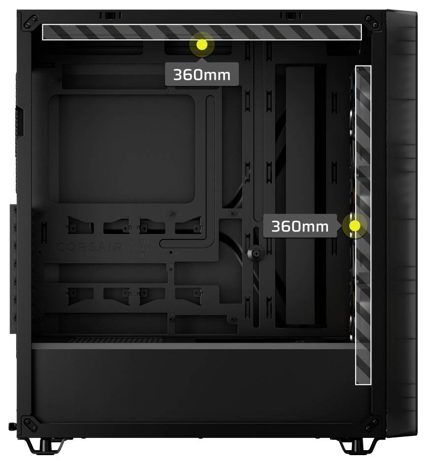 Seitenansicht des PC-Gehäuseinneren mit maximaler Komponentenfreiraum, gekennzeichnet mit „360mm