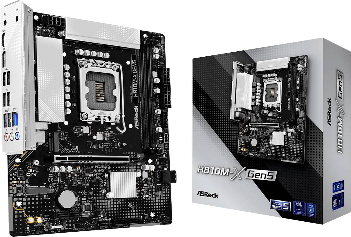 ASRock H810M-X Gen5 Micro-ATX Mainboard neben seiner Einzelhandelverpackung