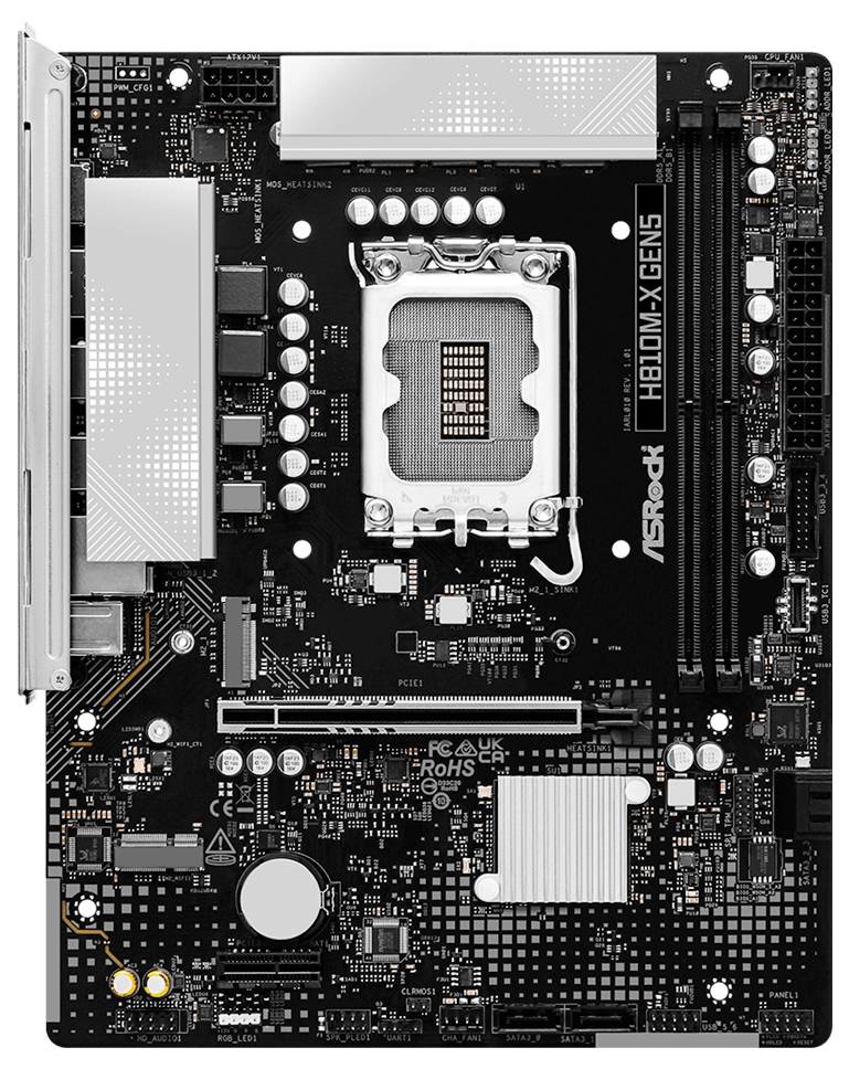 Schwarzes ASRock H81M-GS Motherboard mit Intel-CPU-Sockel, Kühlkörpern, RAM-Steckplätzen, PCIe-Steckplatz und sichtbaren hinteren E/A-Anschlüssen.