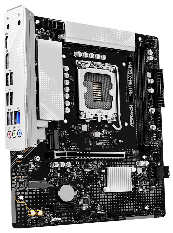 Micro-ATX-Motherboard mit CPU-Sockel, RAM-Steckplätzen, Erweiterungssteckplätzen, hinteren E/A-Anschlüssen und silbernen Kühlkörpern auf einer schwarzen Leiterplatte.