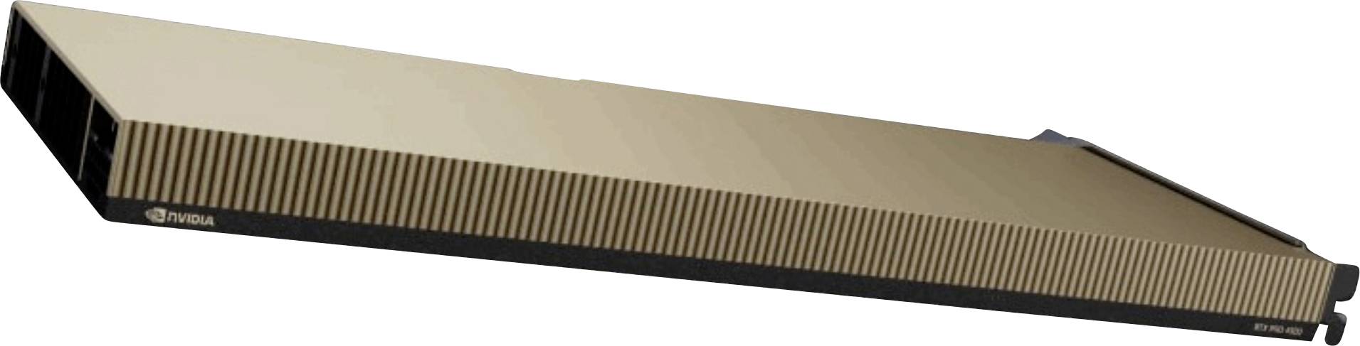 Eine beige NVIDIA-Grafikkarte oder ein Beschleuniger-Modul in perspektivischer Ansicht auf weißem Hintergrund.