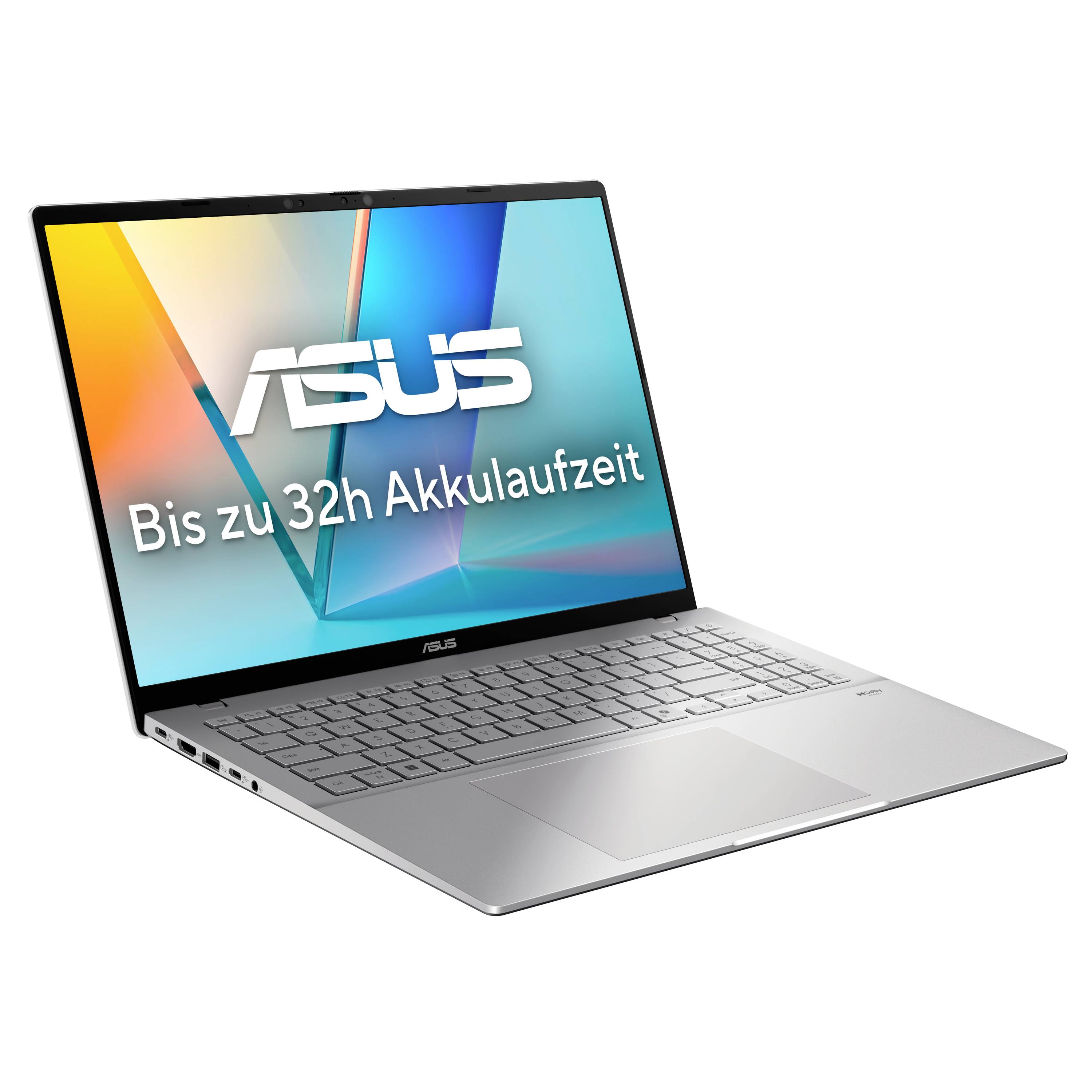 Silberner ASUS-Laptop auf weißem Hintergrund mit Bildschirmtext „Bis zu 32h Akkulaufzeit
