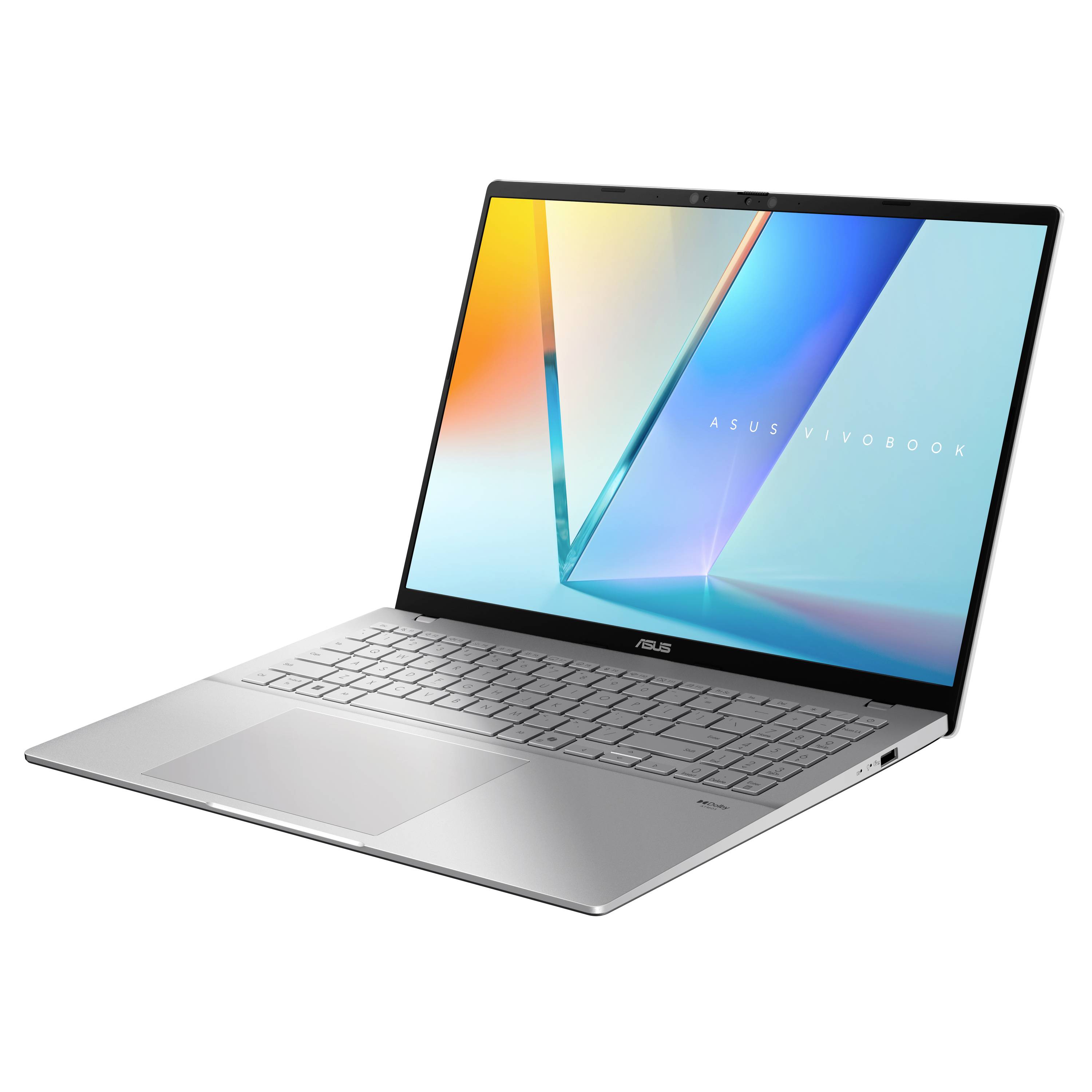 Silberner ASUS VivoBook-Laptop, aufgeklappt auf weißem Hintergrund, zeigt eine blaue geometrische Tapete auf dem Bildschirm.