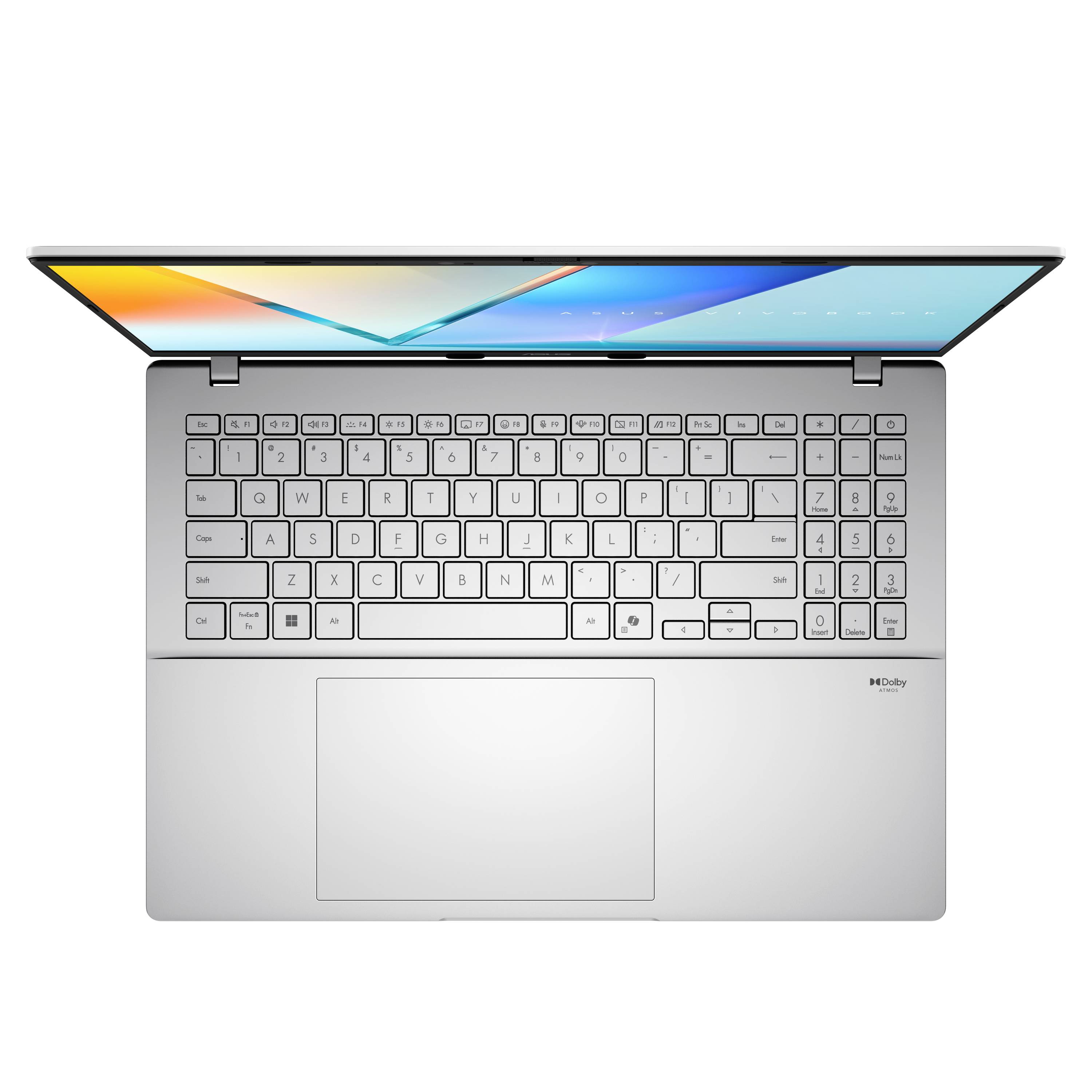 Silberner Laptop von oben geöffnet, zeigt Tastatur, großes Touchpad und einen bunten Bildschirm mit abstraktem Hintergrundbild.