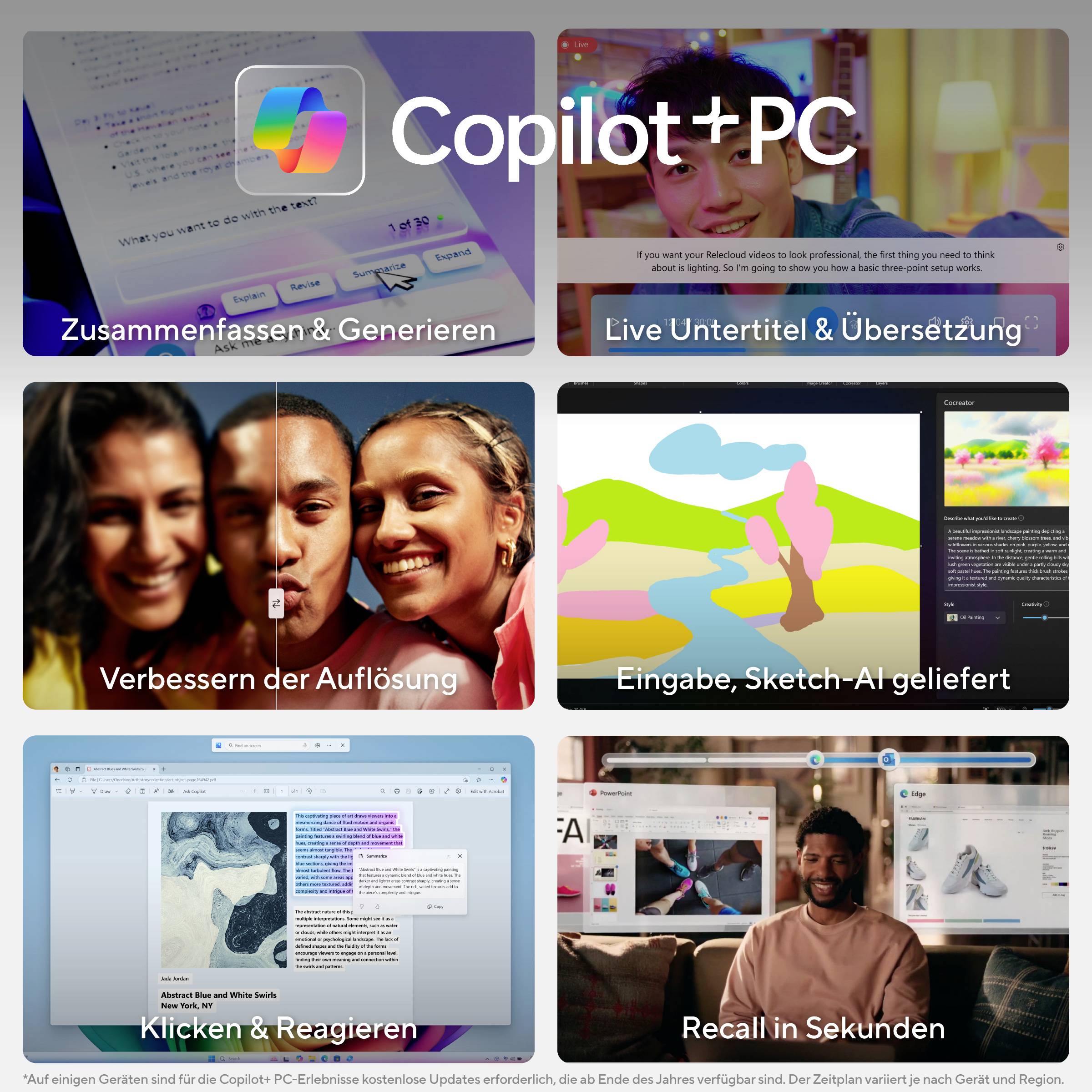 Sechsteiliger Copilot+ PC-Funktionen-Collage mit Zusammenfassung/Generierung, Live-Untertiteln und Übersetzung, Bildverbesserung, Sketch-to-Image-Eingabe, Click-to-Action und Abruf in Sekunden.