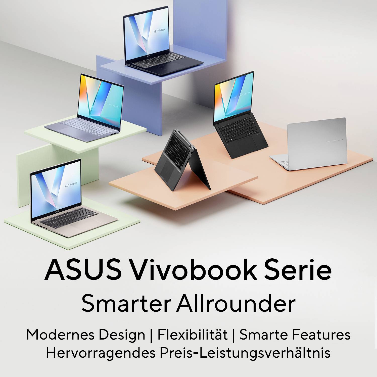 # ASUS Vivobook Laptops in verschiedenen Farben und Modi gezeigt mit Text: 'ASUS Vivobook Serie', 'Intelligentere Allrounder', und deutsche Hervorhebungen der Funktionen.