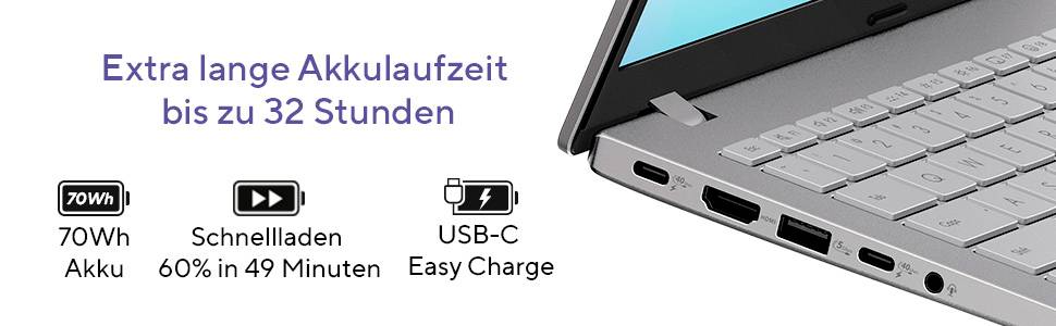 Werbebild eines Laptops mit Betonung auf extrem lange Akkulaufzeit von bis zu 32 Stunden, 70-Wh-Akku, schnelles Aufladen auf 60% in 49 Minuten und USB-C Easy Charge.