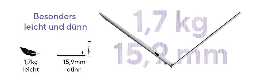 Werbegrafik zeigt ein dünnes, leichtes Gerät: 1,7 kg und 15,9 mm, mit deutschem Text „Besonders leicht und dünn