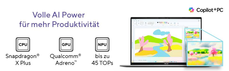 Werbegrafik für Copilot+ PC mit der Aufschrift „Volle AI Power für mehr Produktivität
