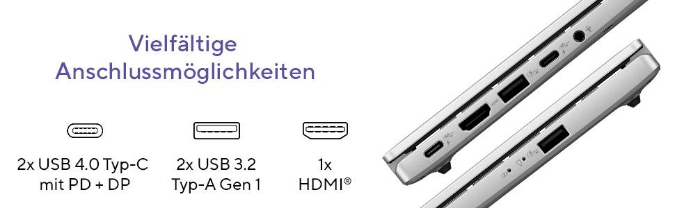 Diagramm eines Laptops mit mehreren Konnektivitätsoptionen: 2x USB 4.0 Typ-C mit PD und DP, 2x USB 3.2 Typ-A Gen 1 und 1x HDMI.