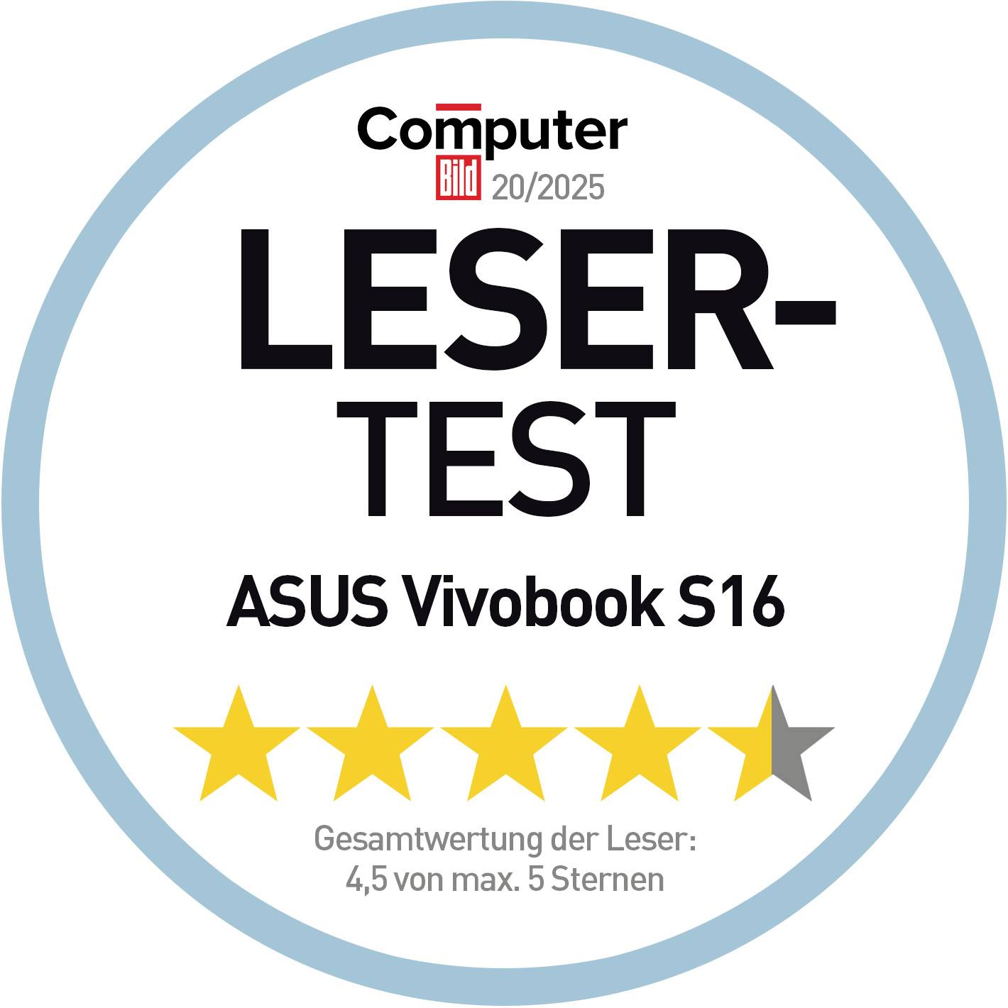 Computer Bild 'Leser-Test'-Abzeichen für ASUS Vivobook S16, bewertet mit 4,5 von 5 Sternen.