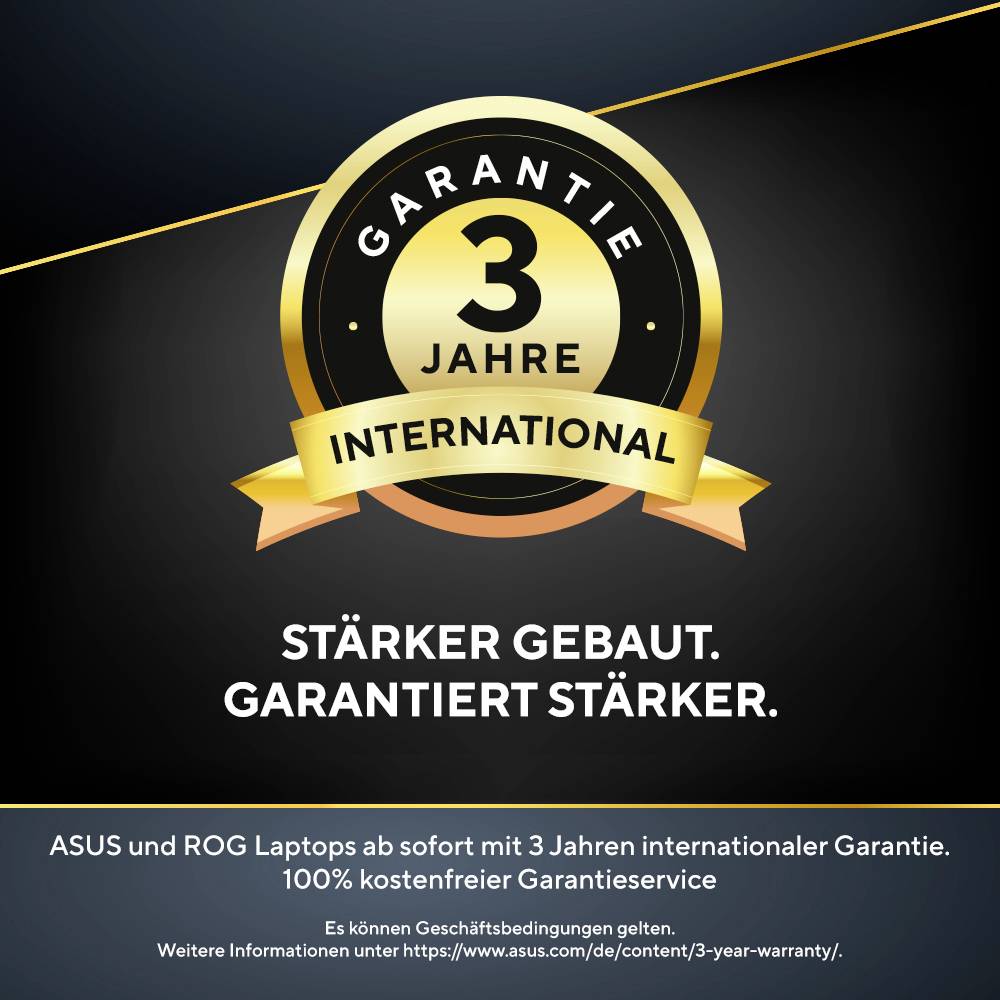 ASUS und ROG Laptop-Anzeige mit einem goldenen Badge „3 Jahre Internationale Garantie