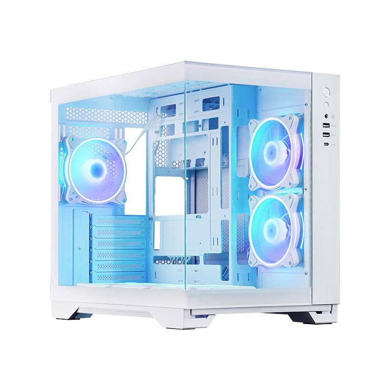 Tower-PC für den Desktop mit gehärtetem Glasseitenpanel und drei blauen RGB-Kühlventilatoren