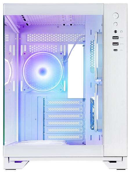 Weißer Desktop-PC-Tower mit einem leuchtenden blauvioletten RGB-Frontkühlventilator, der durch ein Seitenfenster sichtbar ist, und vorderen USB-/Audioanschlüssen am Gehäuse.