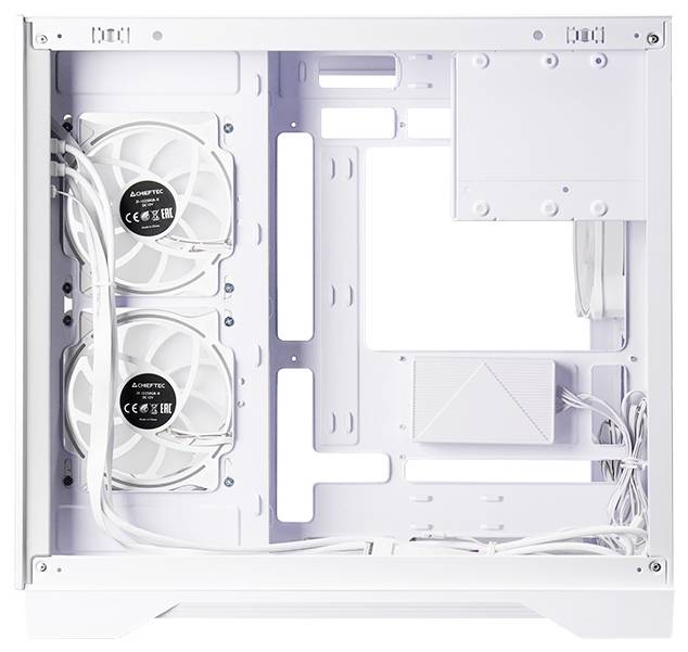 Weißes Computergehäuse-Inneres mit zwei vorderen Lüftern, Kabelmanagement-Kanälen und einem leeren Mainboard-Bereich für Komponenten.