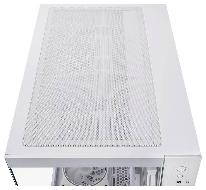 Draufsicht eines weißen Desktop-Computergehäuses mit durchlöchertem Maschenoberpanel, das einen Kühlungsventilator im Inneren zeigt.