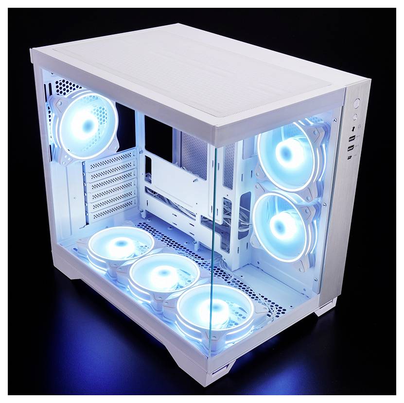 Weißer Desktop-PC-Turm mit Seitenpanel aus gehärtetem Glas, das vier leuchtende blaue RGB-Gehäuselüfter und interne Komponenten zeigt.