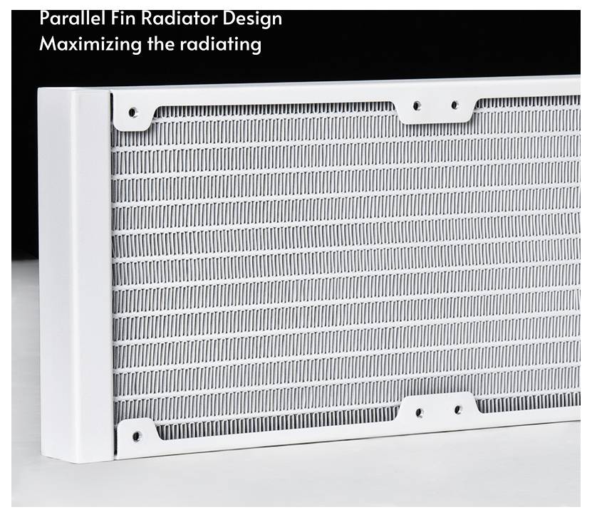 Produktbild eines „Parallel Fin Radiator Design" mit dichten Metallrippen, von vorne gezeigt, um seine wärmeverstreuende Oberfläche hervorzuheben.