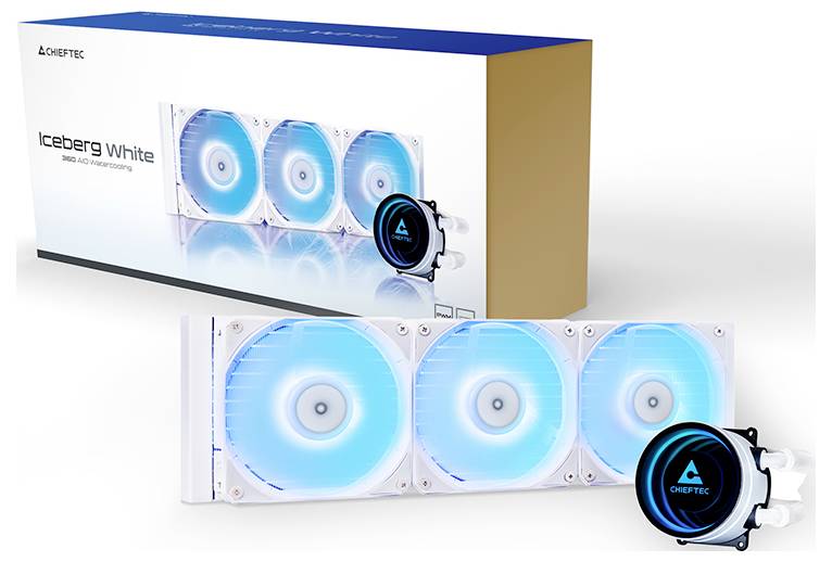 Produktverpackung und ein Flüssigkeits-CPU-Kühler mit drei Lüftern mit der Bezeichnung 'Iceberg White' von AORUS/CHIEFTEC, dargestellt mit blauen LED-Lüftern und Pumpeneinheit.