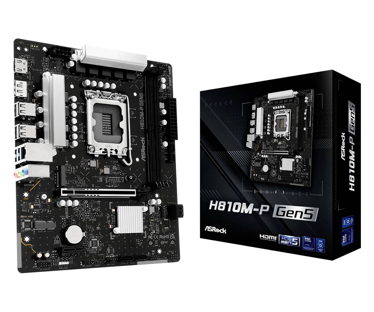 ASRock H810M-P Gen5 Micro-ATX-Motherboard, neben seiner Einzelhandelsverpackung gezeigt, mit sichtbarem CPU-Sockel, Erweiterungssteckplätzen und hinteren I/O-Anschlüssen.