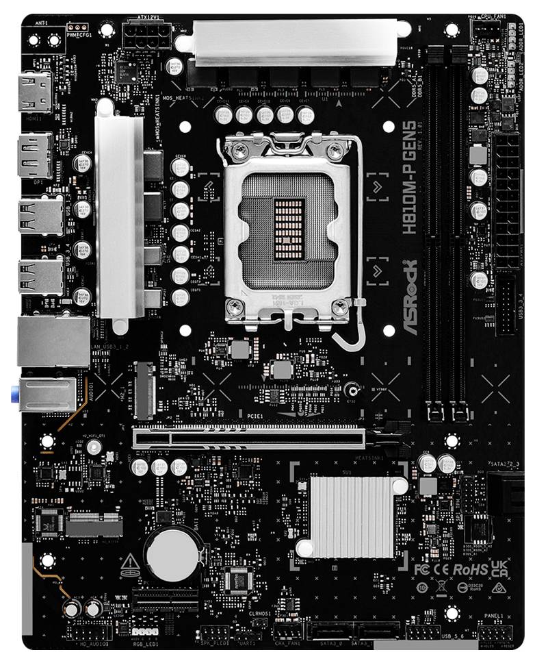 Draufsicht auf ein schwarzes ASRock H310M-GENE Motherboard mit CPU-Sockel, RAM-Steckplatz, Erweiterungssteckplätzen, hinteren Anschlüssen und Chipset-Kühlkörper.
