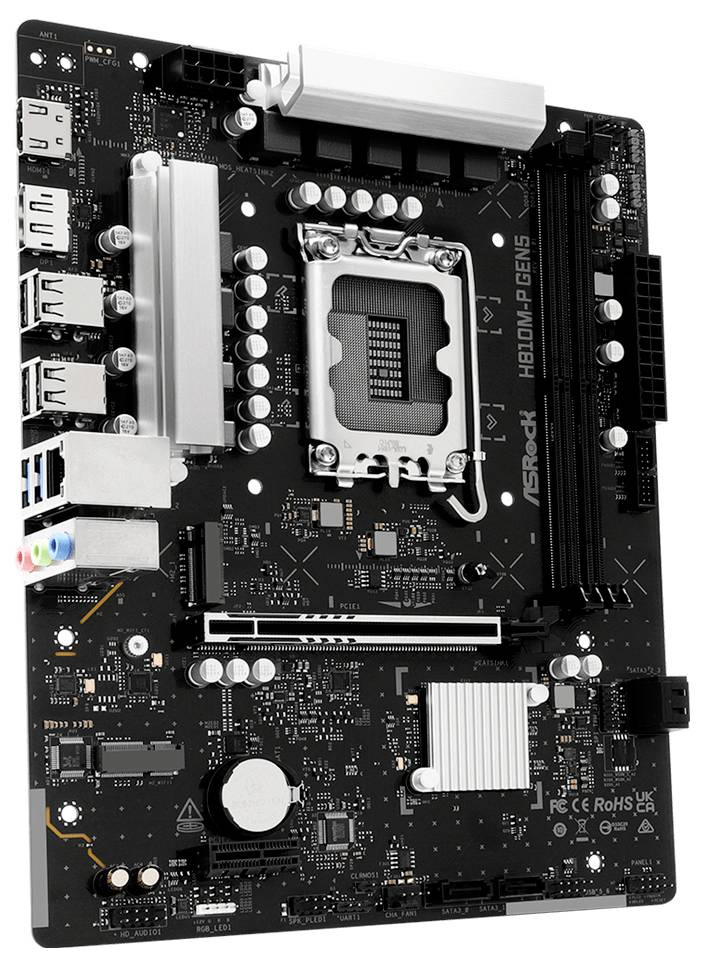 ASRock H610M-HDV/M.2 Motherboard auf weißem Hintergrund mit sichtbarem CPU-Sockel, RAM-Steckplätzen, PCIe-Steckplatz, Kühlkörpern und rückseitigen E/A-Anschlüssen.