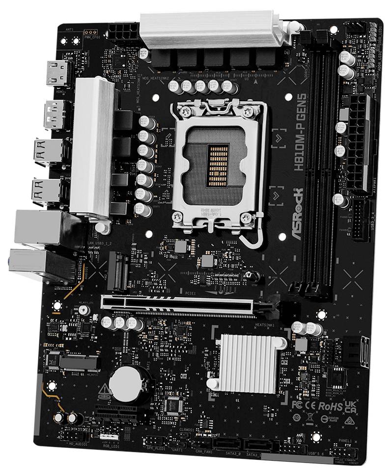 Schwarzes ASRock H610M-HDV/M.2 Motherboard mit Intel-CPU-Sockel, RAM-Steckplätzen, PCIe-Steckplatz, Kühlkörpern und sichtbaren hinteren Anschlüssen.