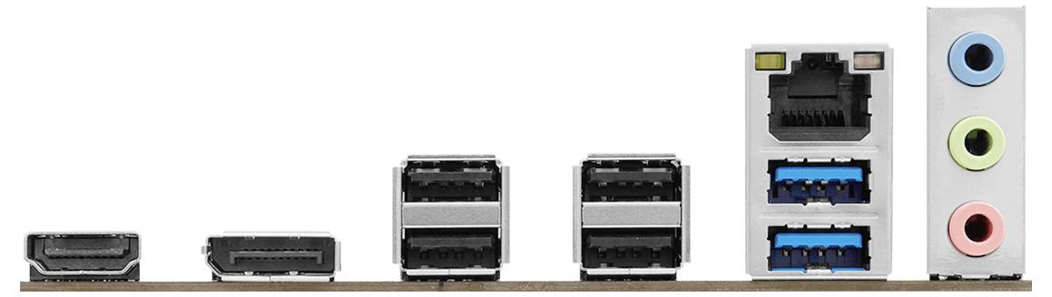 Rückseiten-I/O-Panel eines Motherboards mit mehreren Anschlüssen: HDMI, DisplayPort, USB, Ethernet, blaue USB-Anschlüsse und drei farbcodierte Audiobuchsen.