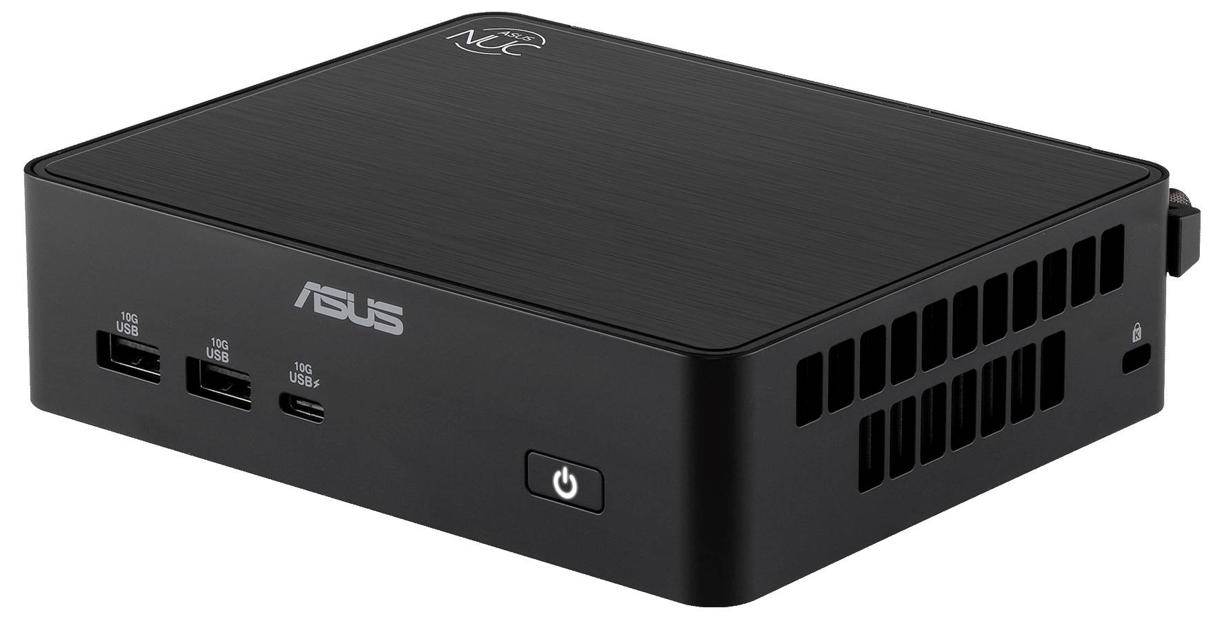 Schwarzer ASUS Mini-PC mit USB-C- und USB-A-Anschlüssen an der Vorderseite, Stromschalter und seitlichen Belüftungsgittern.