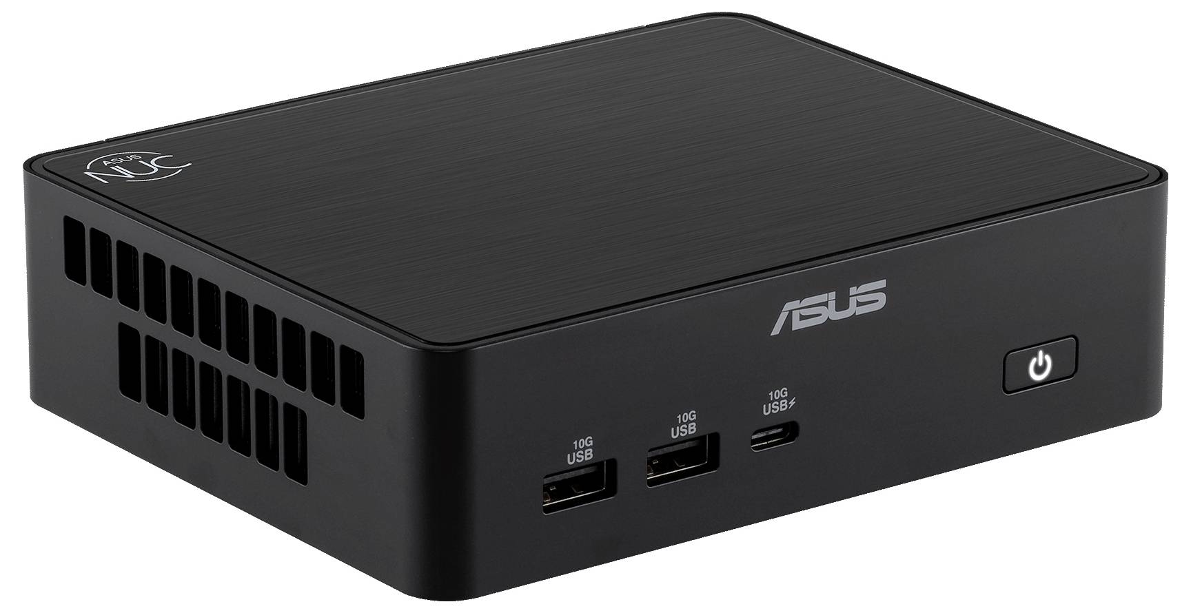 Schwarzer ASUS Mini-PC mit belüftetem Seitenpanel, USB-Anschlüssen an der Vorderseite, USB-C-Anschluss und Einschaltknopf auf der rechten Seite.