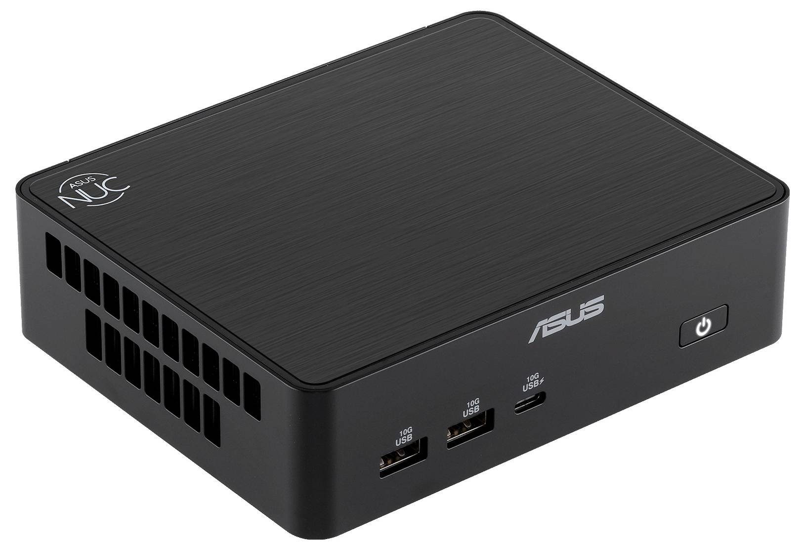 Schwarzer ASUS Mini-PC mit gebürstetem Metalltop, USB-Anschlüssen an der Vorderseite, Netzschalter und seitlicher Belüftung.