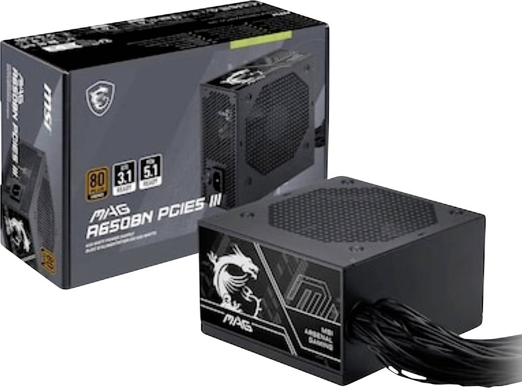 MSI MPG A650BN PCIE5 III Netzteil in einer Box und das schwarze Netzteil mit angebrachten Kabeln, gezeigt auf weißem Hintergrund.