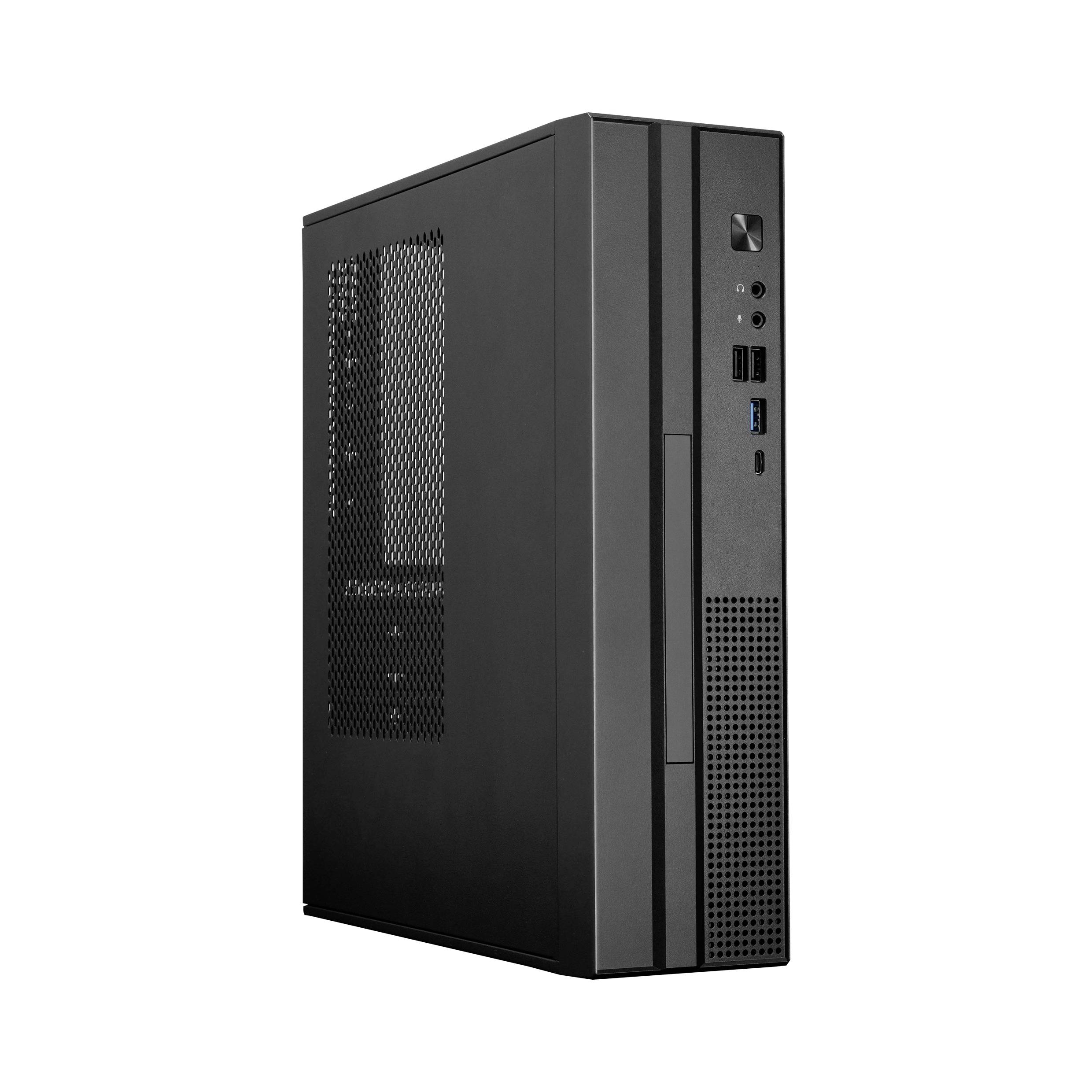 Schwarzes Desktop-Tower-PC-Gehäuse in Dreiviertelperspektive mit vorderen USB- und Audioanschlüssen und einem seitlichen Meshing-Panel.