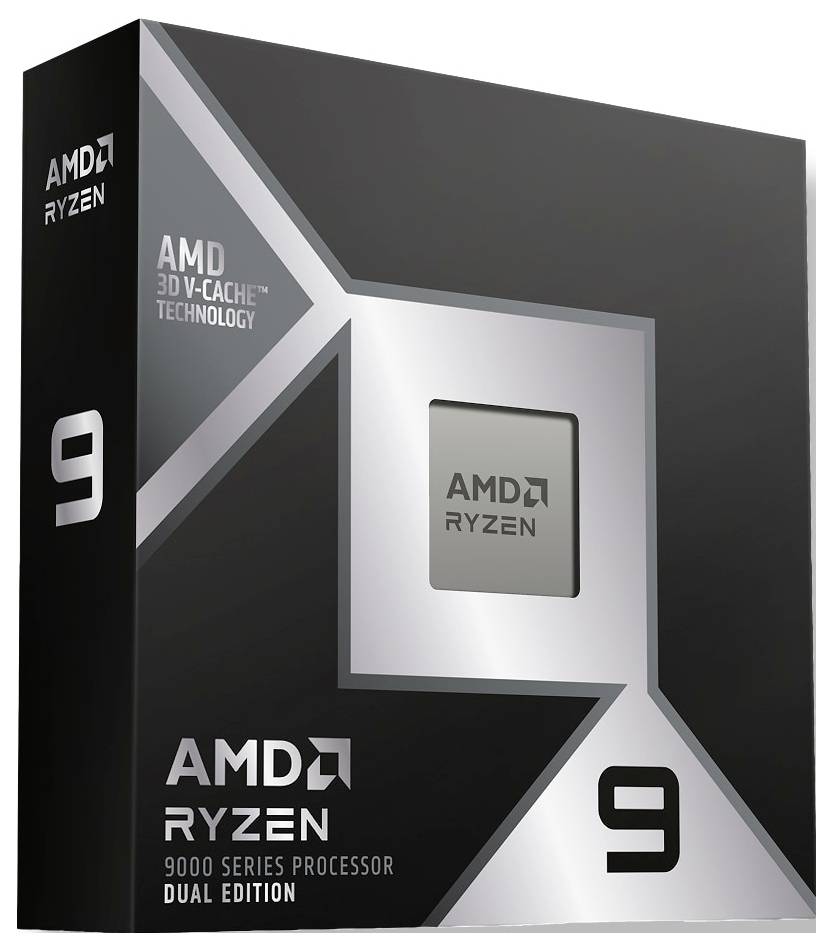 AMD Ryzen 9 9000 Serie Prozessor Dual Edition Einzelhandelsverpackung mit AMD 3D V-Cache Technologie Branding und großen „9