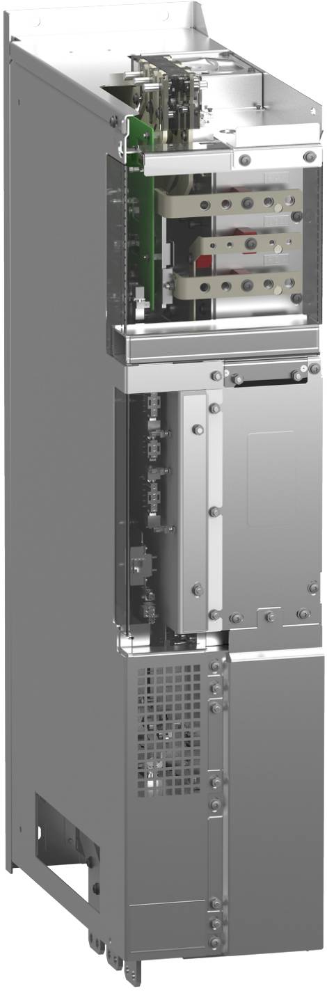 Hoher Edelstahl-Industrieschrankkasten mit freigelegten internen elektronischen und mechanischen Komponenten, die durch ein offenes Frontpaneel sichtbar sind.
