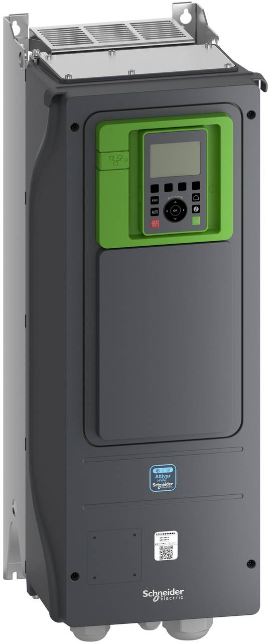 Industrieller Schneider Electric-Antriebsregler mit grünem Display und Tastatur auf einem hohen schwarzen Schaltschrank.