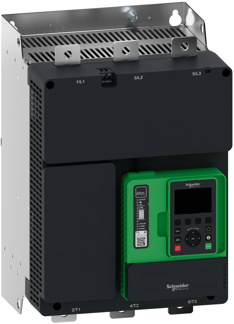 Schneider Electric Industriemotorstarter oder Antriebsgerät mit schwarzem und grünem Gehäuse, Klemmenbezeichnungen und einem Anzeigefeld auf der Vorderseite