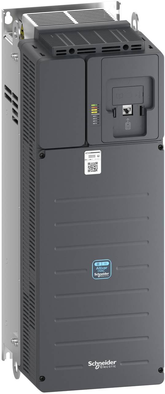 Schwarze Schneider Electric Industrialstromverteilung/Stromversorgungseinheit mit Frontzugriffspanel, belüftetem Oberteil und Befestigungshalter.