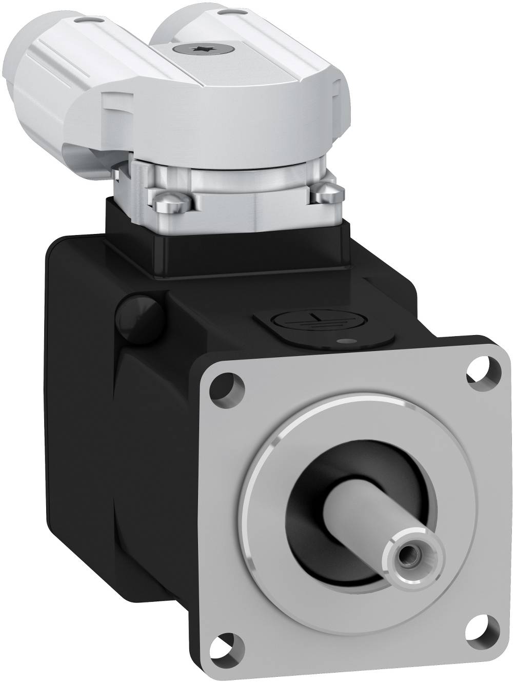Industrieller Elektroservomotor mit quadratischem Vorderflansch und vorstehendem Schaft, gezeigt auf weißem Hintergrund