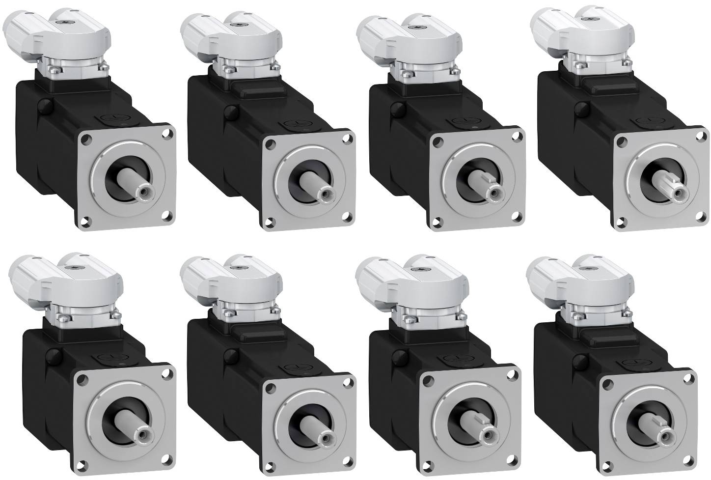Acht identische Industrieelektromotoren mit quadratischen Frontaufnahmen, dargestellt in zwei Reihen auf weißem Hintergrund.