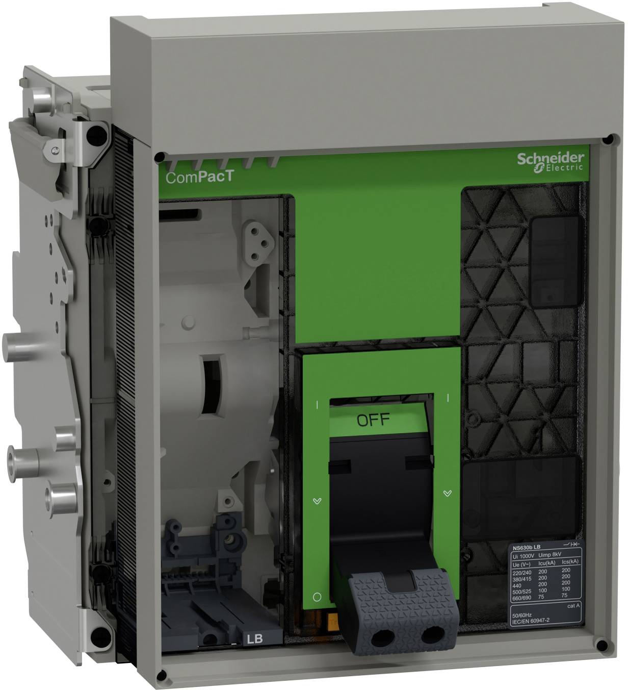Offener elektrischer Schutzschalter mit grüner Schneider Electric ComPacT-Frontseite und schwarzem Schaltgriff in einem Metallschrank-Gehäuse freigelegt.