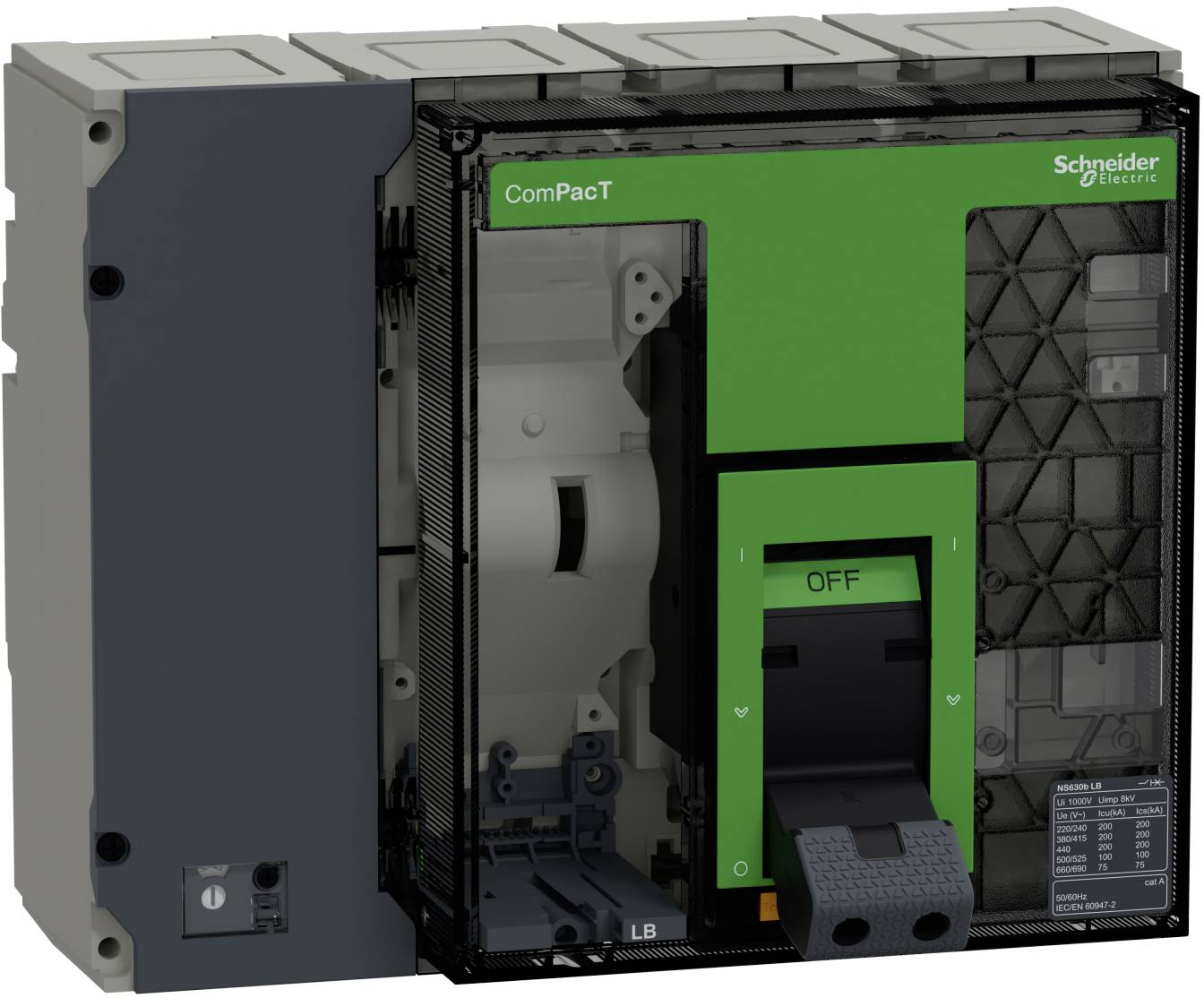 Schneider Electric ComPacT Formstoffschalter mit grünem Frontpanel und sichtbarem EIN/AUS-Umschalthebel.