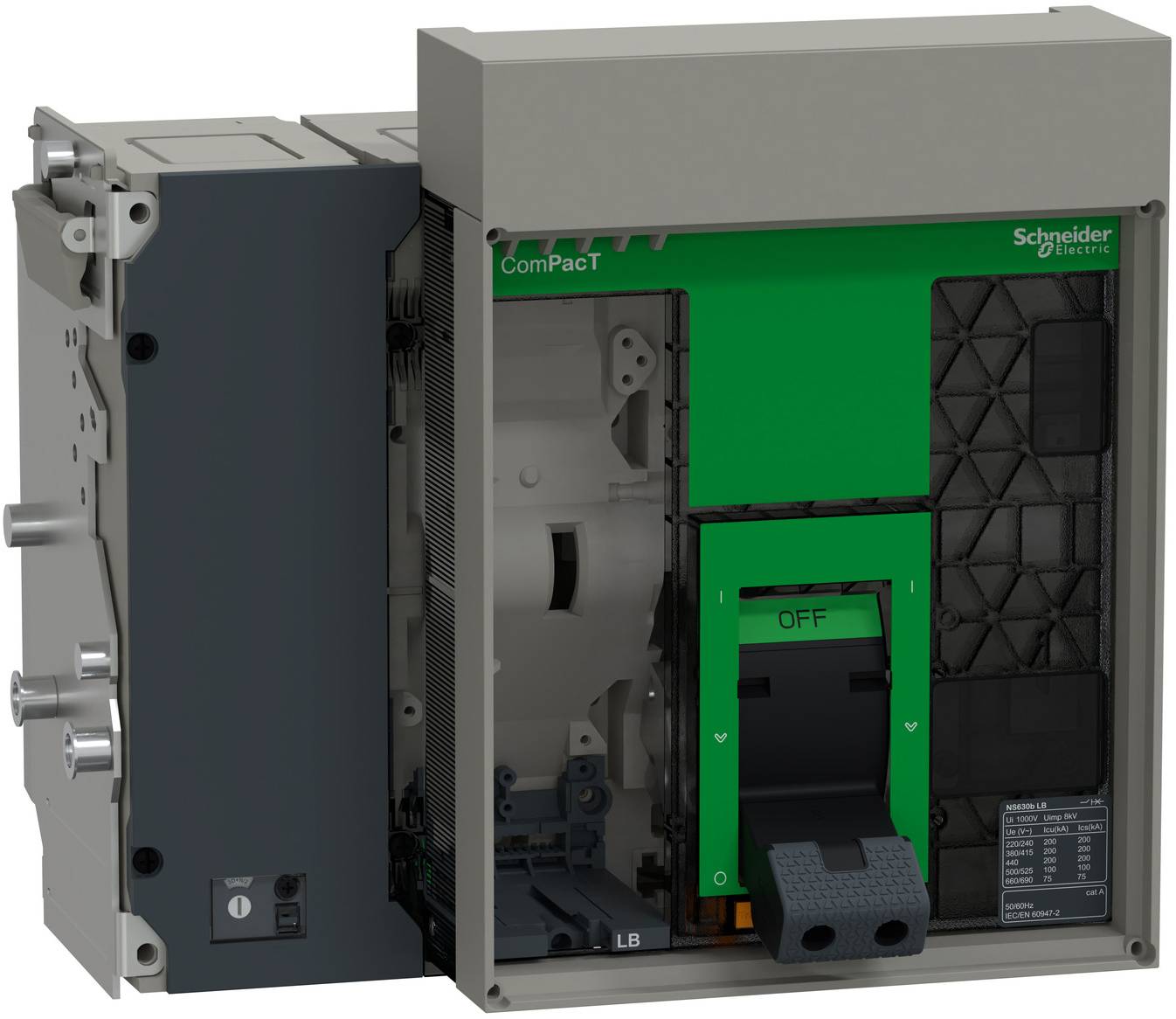 Offener Schneider Electric ComPacT Stromkreisschalter mit grüner Frontabdeckung und sichtbarem AUS-Schalter