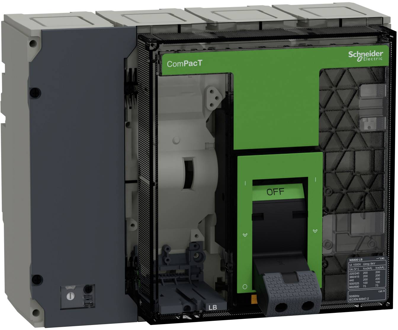 Schneider Electric ComPacT-Leitungsschutzschalter mit grüner Frontblende und großem schwarzem Griff, abgebildet mit geöffneter Abdeckung, um die inneren Komponenten zu zeigen.