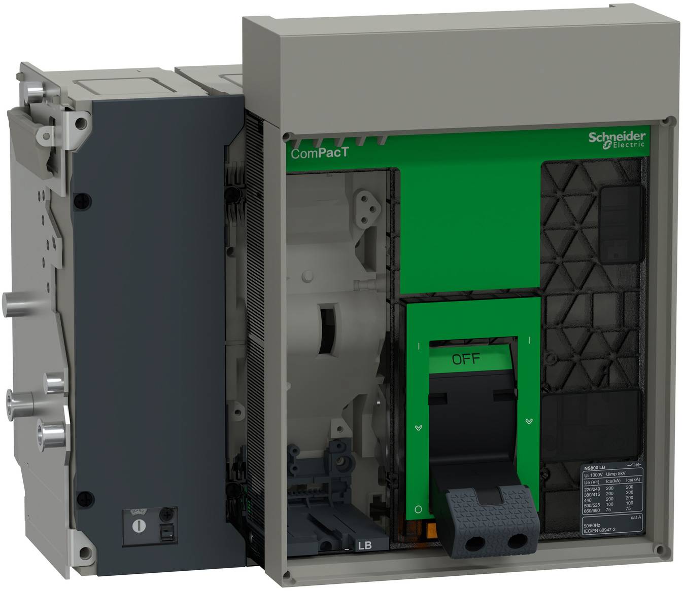 Offenes Schaltmodul mit grüner Schneider Electric CompAct-Frontplatte und sichtbarem AUS-Schalter, dargestellt in teilweiser Schnittdarstellung.