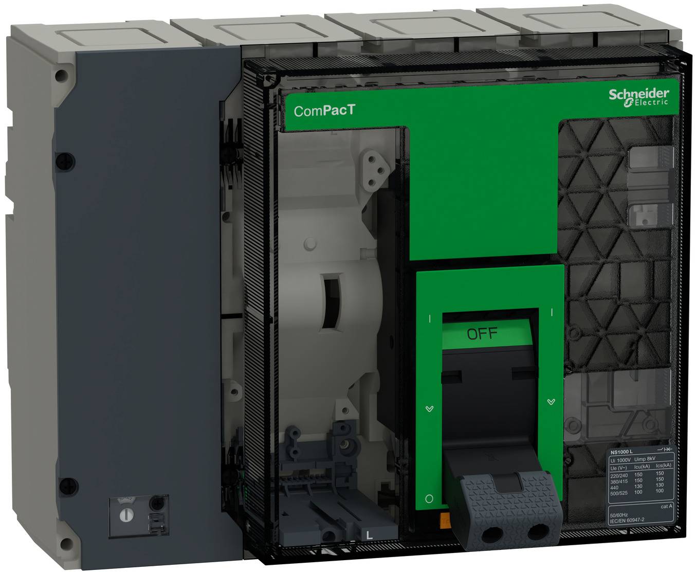 Schneider Electric ComPacT Leitungsschutzschalter mit grünem Frontpanel und sichtbarem EIN/AUS-Schalter auf weißem Hintergrund.